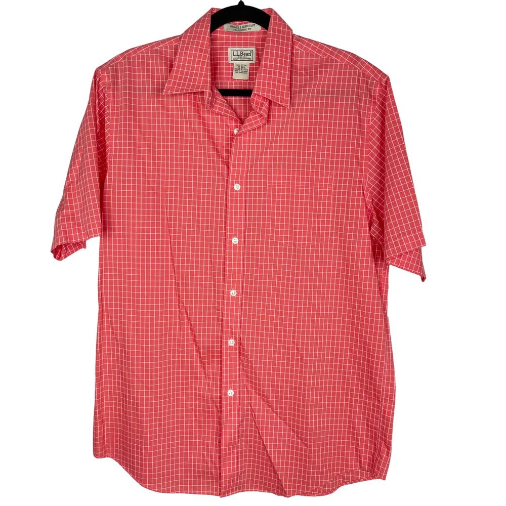 LL Bean Mens M Coral Pink Traditional Fit Check Short Sleeve Button Down Shirt